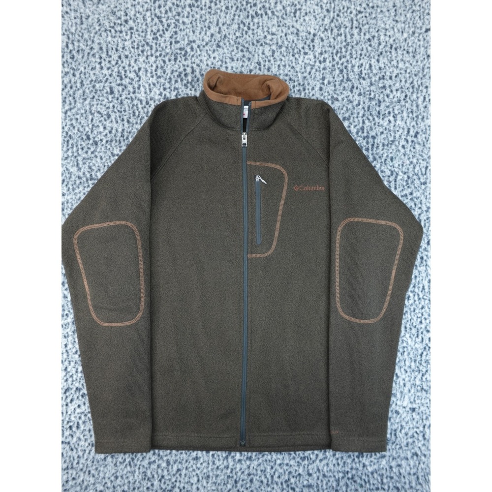 Columbia Full Zip Fleece Jacket Mens Medium Olive Green Brown Elbow Patches M
